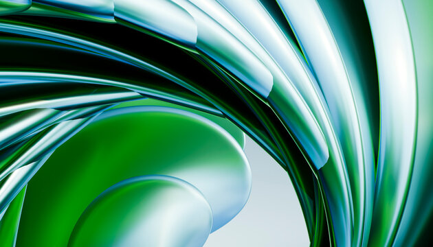 Green abstract dynamic graphic with metallic fluid curves and reflections