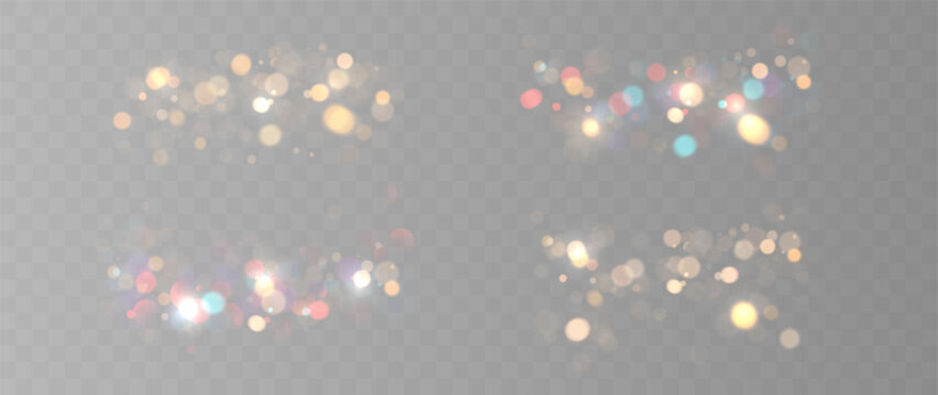 Set of Colorful Glowing Bokeh Lights and Sparkling Particles Isolated on Transparent Background