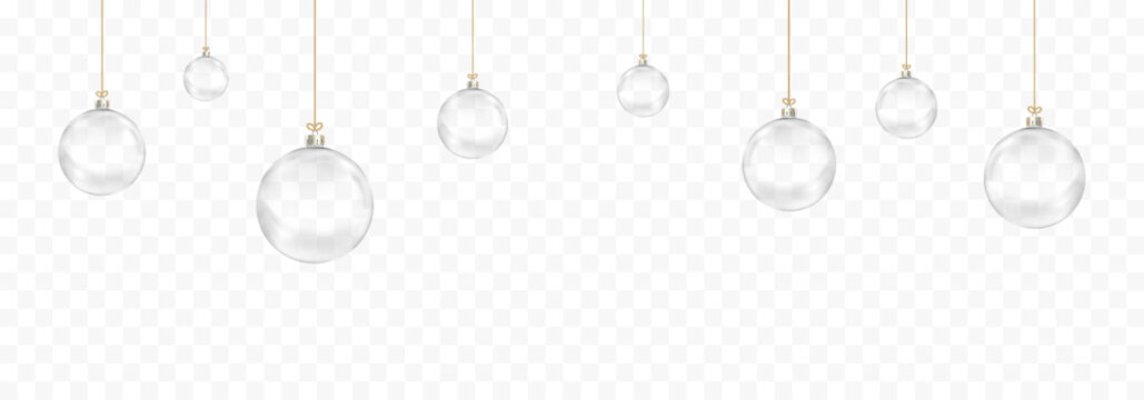 Transparent Christmas Glass Balls Hanging on Golden Strings Isolated on Transparent Background