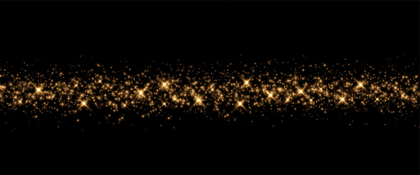 Golden Glitter Border with Glowing Stars and Sparkling Particles on Black Background