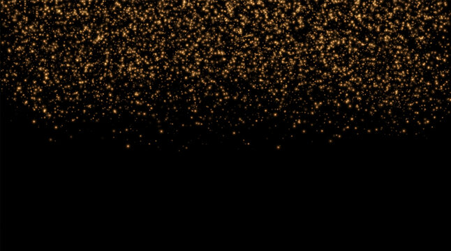Falling Golden Glitter and Glowing Particles on Black Background with Copy Space