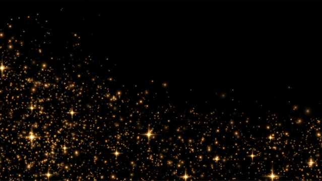 Golden Glitter Border with Glowing Stars on Black Background and Copy Space