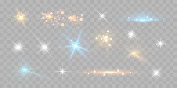 Set of Colorful Lens Flares, Glowing Stars and Light Effects Isolated on Transparent Background