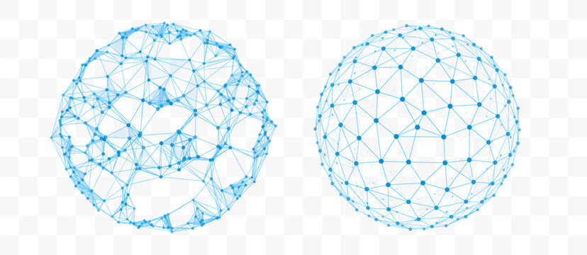 Set Of Blue Low Poly Network Spheres with Connected Lines and Dots 
