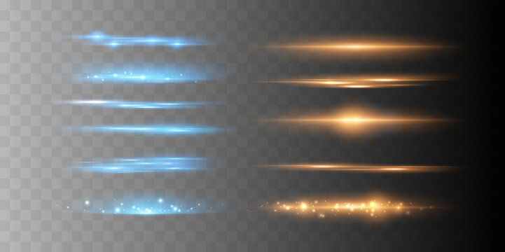 Set of Blue and Orange Horizontal Light Streaks and Glowing Motion Effects