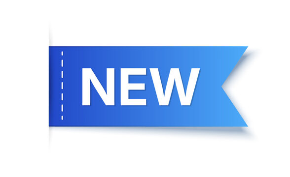 Blue New Ribbon Banner with White Text and Shadow Isolated on White Background