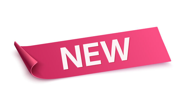 Pink Curved New Label with Folded Edge and White Text Isolated on White Background