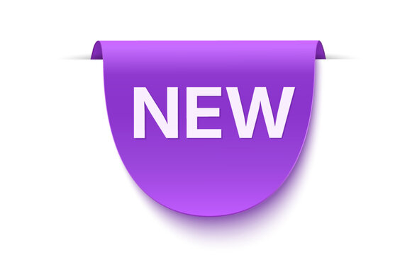 Purple Hanging New Label with Curved Shape and White Text Isolated on White Background