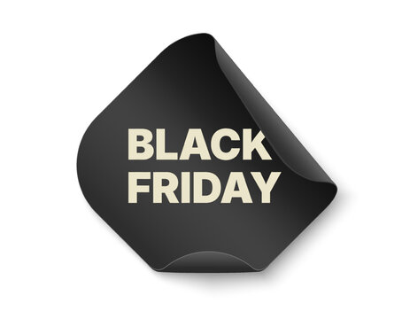 Black Friday Black Curled Sticker with White Text Isolated on White Background