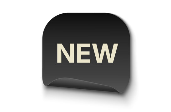 Black Rounded New Sticker with Curled Edge and White Text Isolated on White Background