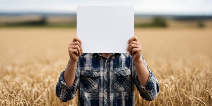 Person holding a blank white sign in a wheat field against a soft background