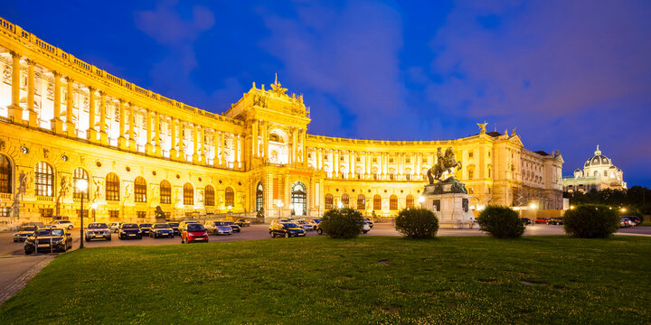 Austria, Vienna, Hofburg, national library, papyrus museum, monument Prince Eugen at night