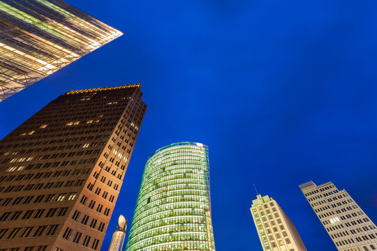 Germany, Berlin, Potsdamer Platz, illuminated skyscrapers