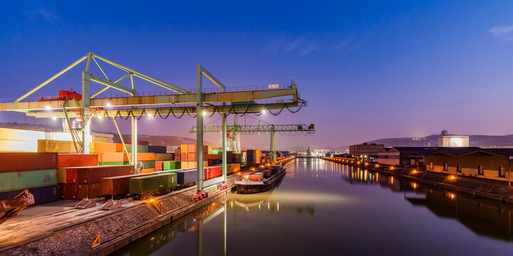 Germany, Stuttgart, Neckar, container harbor at blue hour