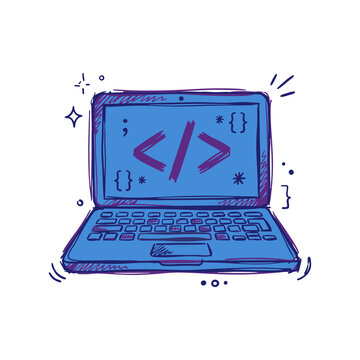 Hand Drawn Laptop with Coding Symbol, Programming and Web Development Concept