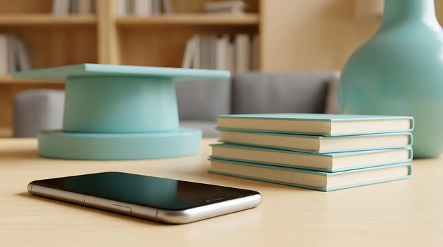 Stack of pastel blue books and modern smartphone placed on wooden table with decorative cyan objects and blurred bookshelf background for study or work.