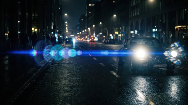 Car driving on a wet city street at night with bright headlights and blue lens flare effect