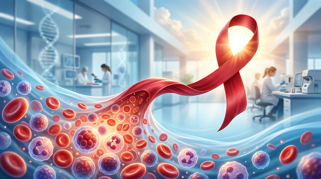 3D red ribbon symbolizing leukemia cancer awareness in modern medical research lab with virus cells