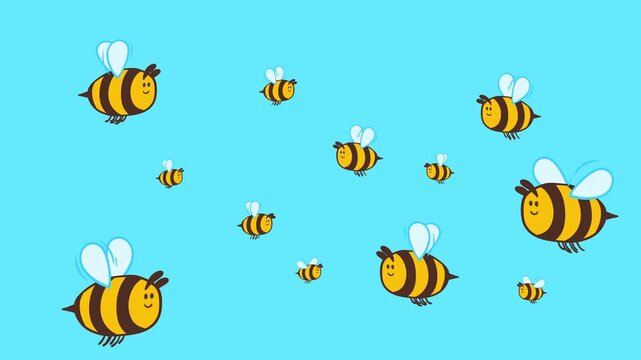 Swarm of cute cartoon bees flying on blue sky background 2D animation loop. Motion graphic for child game or movie.