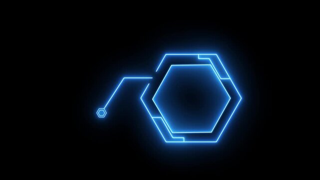 Glowing blue neon hexagon technology frame animation on black background, futuristic HUD geometric interface, digital sci fi motion graphics, 4k