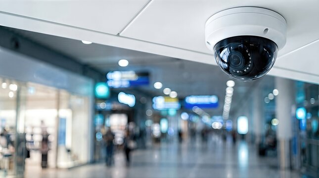 CCTV surveillance camera mounted on ceiling in a modern shopping mall with blurred background of shoppers and illuminated store signs visible in the distance