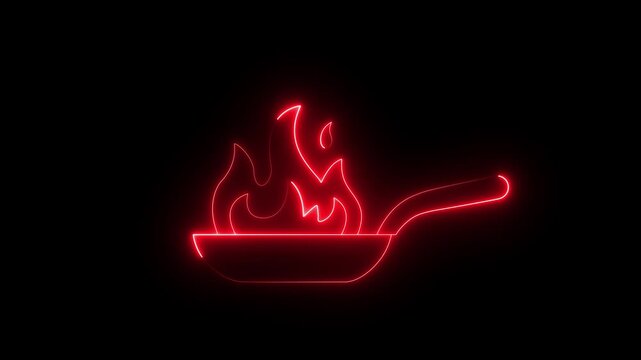 Glowing red neon frying pan with fire animation on black background, hot cooking cookware icon, kitchen heat concept, 4k motion graphics