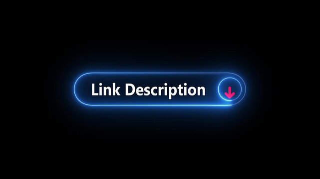 Glowing neon link description button with downward arrow, website call to action interface, digital navigation and online content concept.