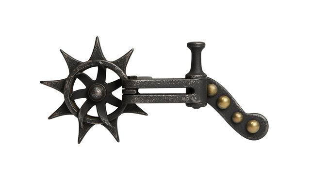 Antique metal cowboy spur with star-shaped rowel, isolated on transparent background