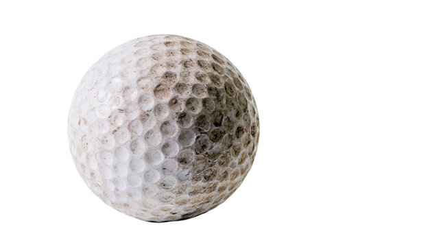 Dirty white golf ball with dimples, isolated on transparent background