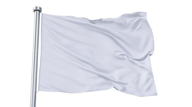 Plain white fabric flag waving on a metal pole, isolated on transparent background