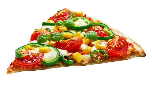 Delicious slice of pizza with tomatoes green peppers corn and basil, isolated on transparent background