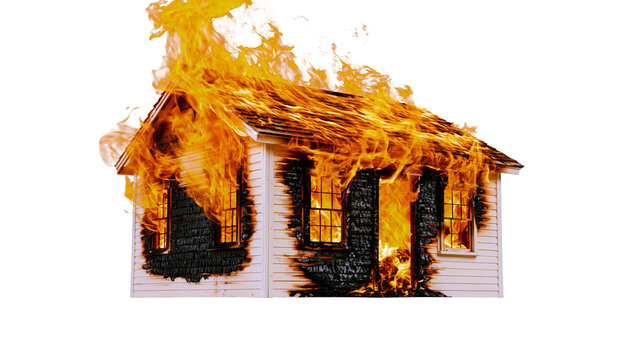 White wooden house engulfed in intense orange flames, isolated on transparent background