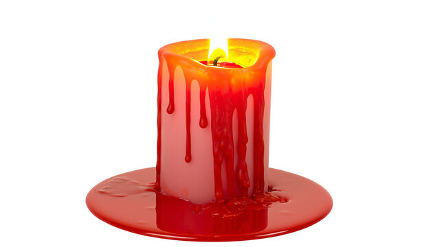 Melting red candle with dripping wax, isolated on transparent background
