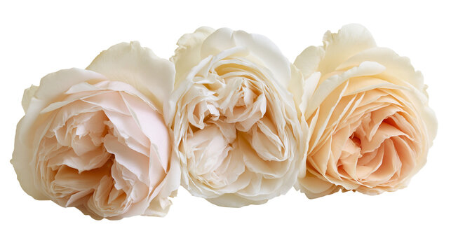 Three delicate creamy peach and pale pink roses, isolated on transparent background