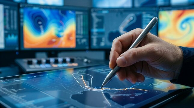 Hand using stylus pen on touch screen tablet analyzing map route tracking, meteorology control room setup with radar heatmaps monitor for climate research navigation logistics