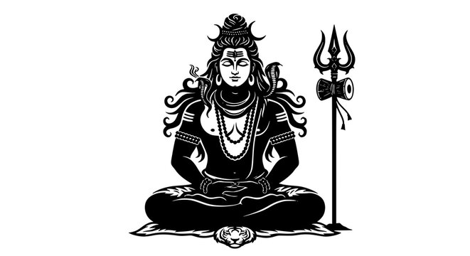 Mahakaal Shiva meditating black and white silhouette vector with trishul damaru crescent moon and devotional Hindu elements
