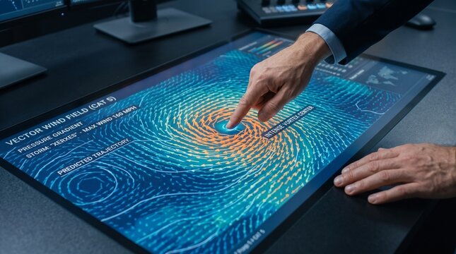Meteorologist touch screen analyzing Category 5 hurricane vector wind field data display in modern command center control room for emergency disaster management and climate tracking system.
