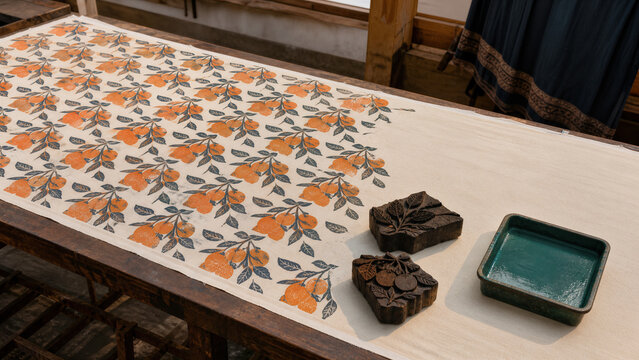 Table indienne d&rsquo;impression textile au bloc