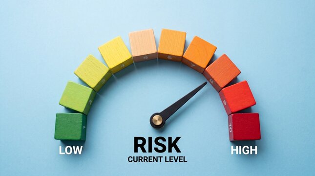 A risk assessment gauge with a needle pointing to a moderate level of risk on a colorful scale from low to high