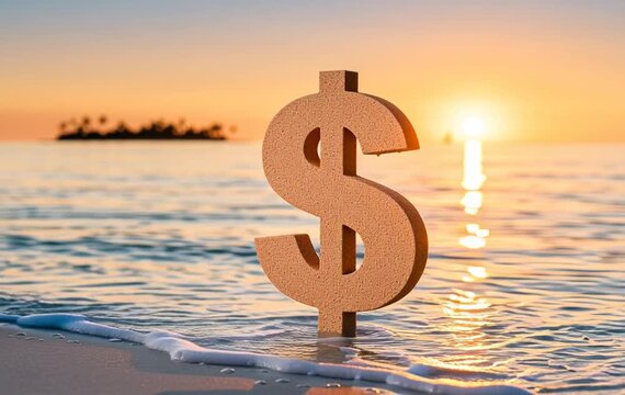 A textured dollar sign symbol stands upright on wet sand near the ocean shoreline during a warm golden sunset with gentle waves rolling in.