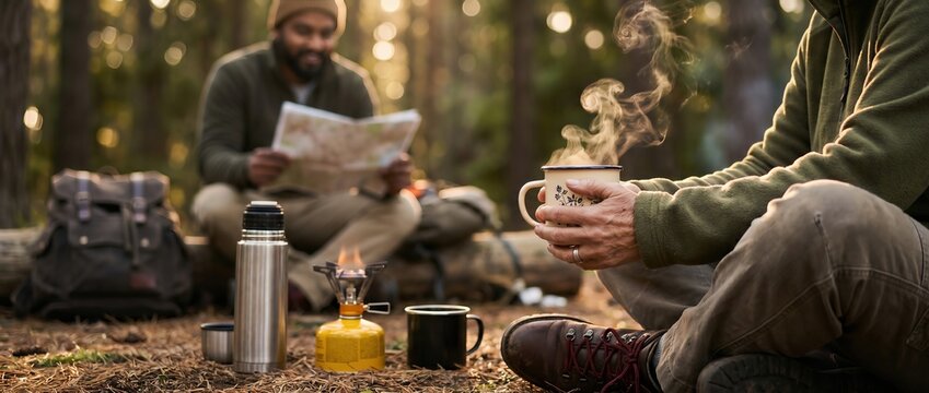 Two men enjoying camping in a forest, one reading a map while the other holds a steaming mug, surrounded by backpacks and a portable stove on the ground
