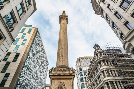 View of the Monument to the Great Fire of London surrounded by modern and historic buildings in London, England, United Kingdom.