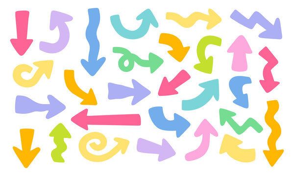 Set of colorful hand drawn arrows in different shapes and directions. Cute doodle navigation symbols for infographic, web, presentation, education and social media