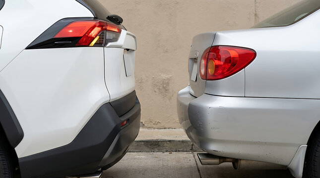 Two modern vehicles parked very closely together bumper to bumper on a city street
