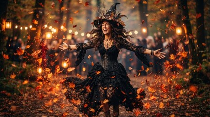 Obraz premium Excited witch dancing with flying autumn leaves outdoors