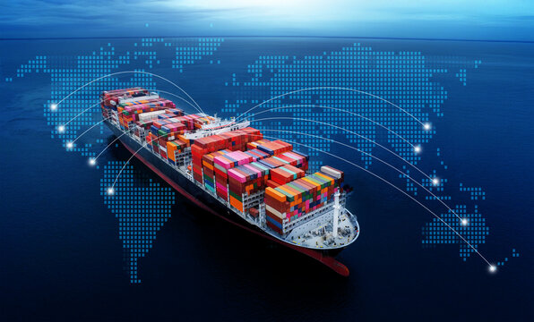 Aerial top view containers ship cargo business commercial logistic and transportation international import export by container freight cargo ship in the open seaport show ocean network on map	
