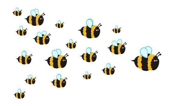 Textured cartoon bees swarm flying loop animation isolated on white background 2D graphic. Motion art for child game or movie.