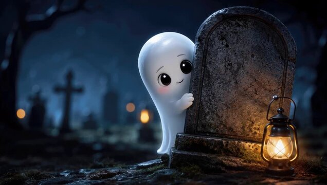 Cute friendly cartoon ghost peeking from behind a tombstone in a moonlit graveyard holding a glowing lantern