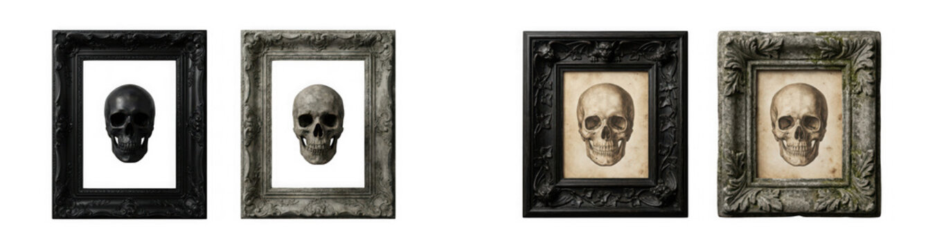 Set of four vintage ornate frames with skulls isolated on transparent background