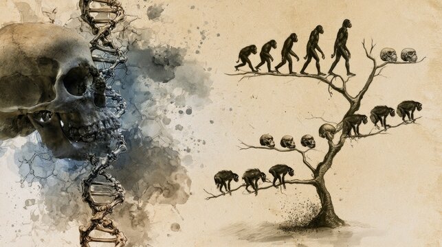DNA helix, human skull silhouette and evolutionary tree, scientific illustration of genetics and ancestry.
